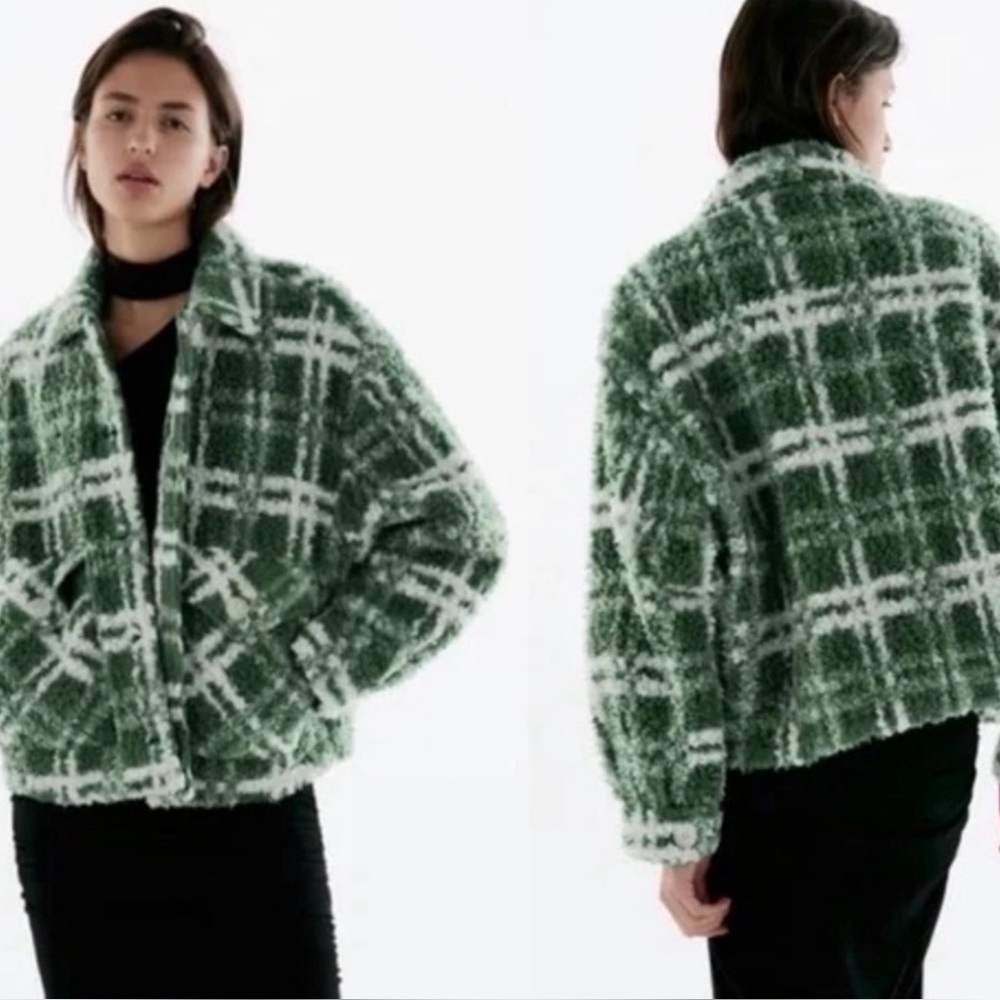 Zara “Bloggers Fave” Green Combination Plaid Shearling Fleece XS Teddy Jacket